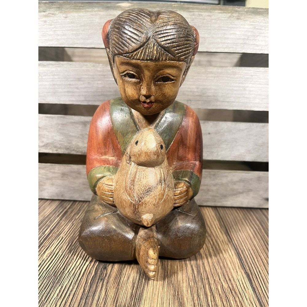 Vintage Hand Carved Wooden Statue Girl with‎ Rabbit  Made In Thailand